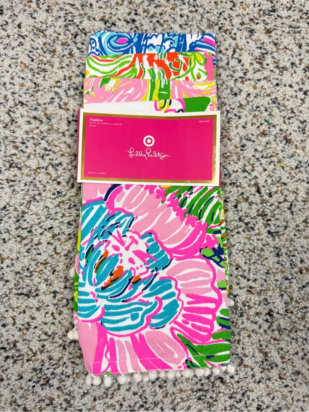 Lilly Pulitzer Napkins 4 Piece Pom Pom Trim Pink Green Blue Cotton Fan Dance